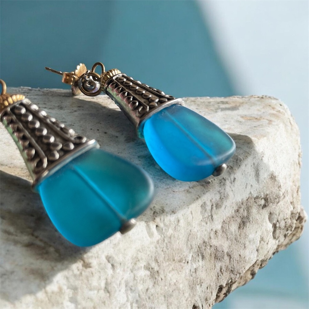 Designer Masha Archer Blue Frosted Resin Bell Earrings with Ornate Silver Caps - Picture 14 of 14